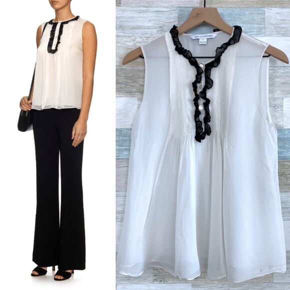 Diane Von Furstenberg Betsy Silk Tuxedo Blouse Black Ivory Sheer Ruffle Womens 8 - Picture 1 of 11